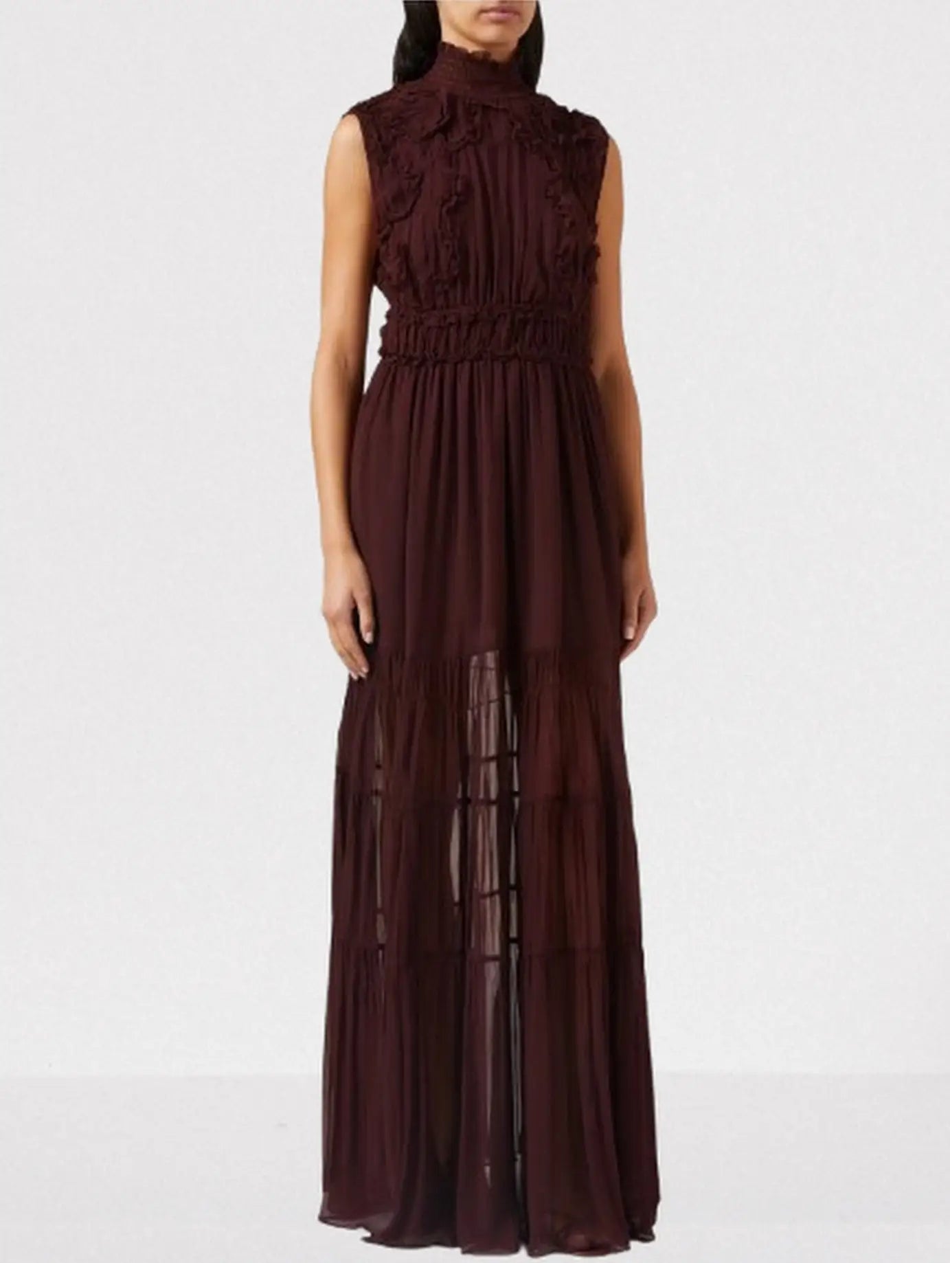 Burgundy Smocked Sleeveless Tiered Gown - Dresses