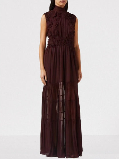 Burgundy Smocked Sleeveless Tiered Gown - Dresses