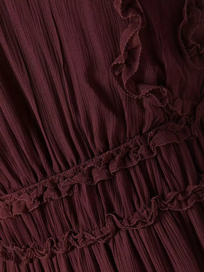 Burgundy Smocked Sleeveless Tiered Gown - Dresses