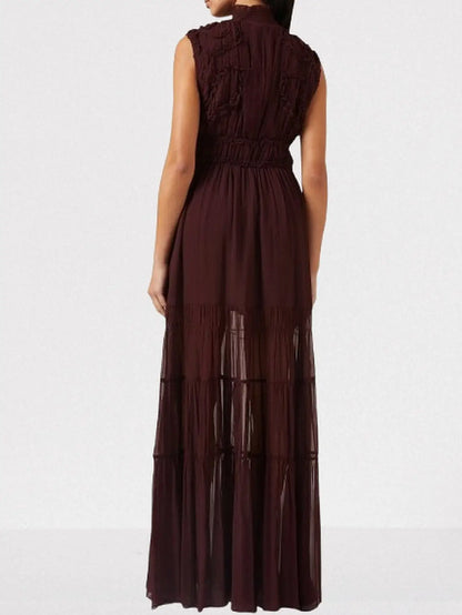 Burgundy Smocked Sleeveless Tiered Gown - Dresses