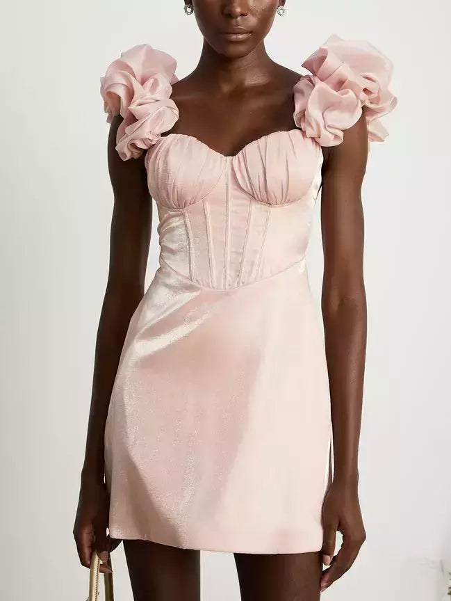 Bustier Corset Pink Mini Dress with Ruffled Shoulder Straps - Dresses
