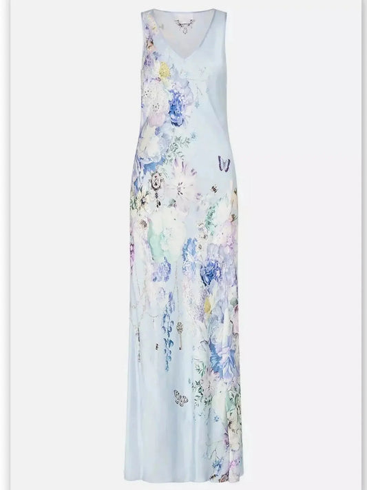 Butterfly and Floral Printed Long Silk Slip Tank Dress in Light Blue - Dresses