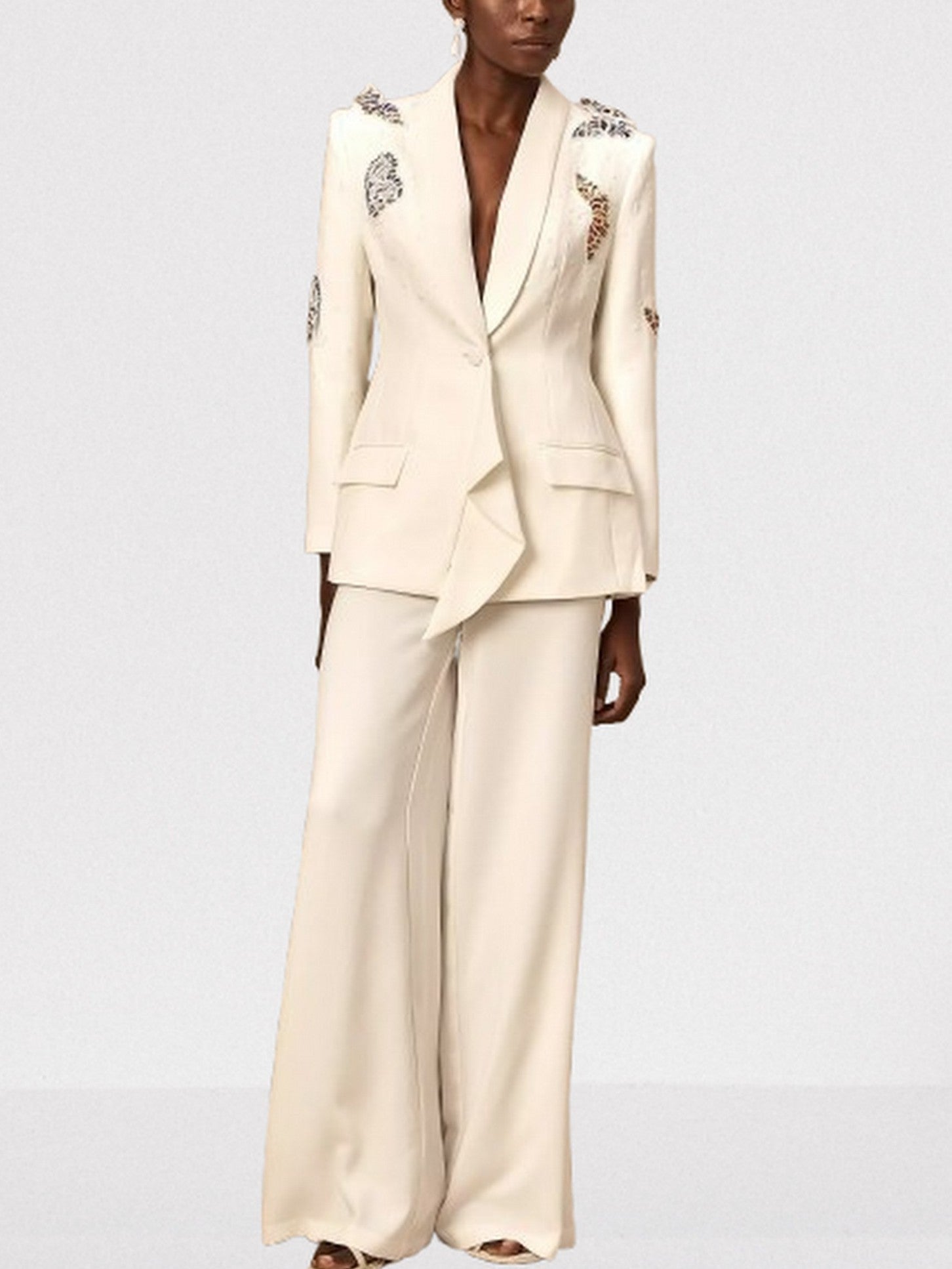 Butterfly Embroidered Blazer and Wide-Leg Pant Suit - Suits & Sets