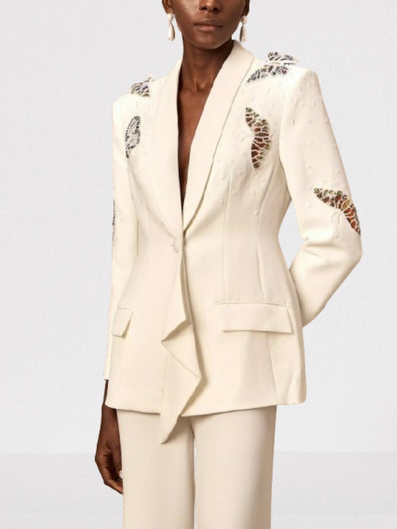 Butterfly Embroidered Blazer and Wide-Leg Pant Suit - Suits & Sets
