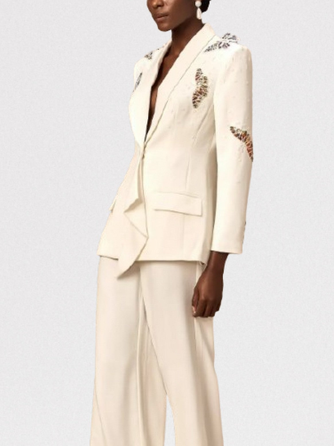Butterfly Embroidered Blazer and Wide-Leg Pant Suit - Suits & Sets