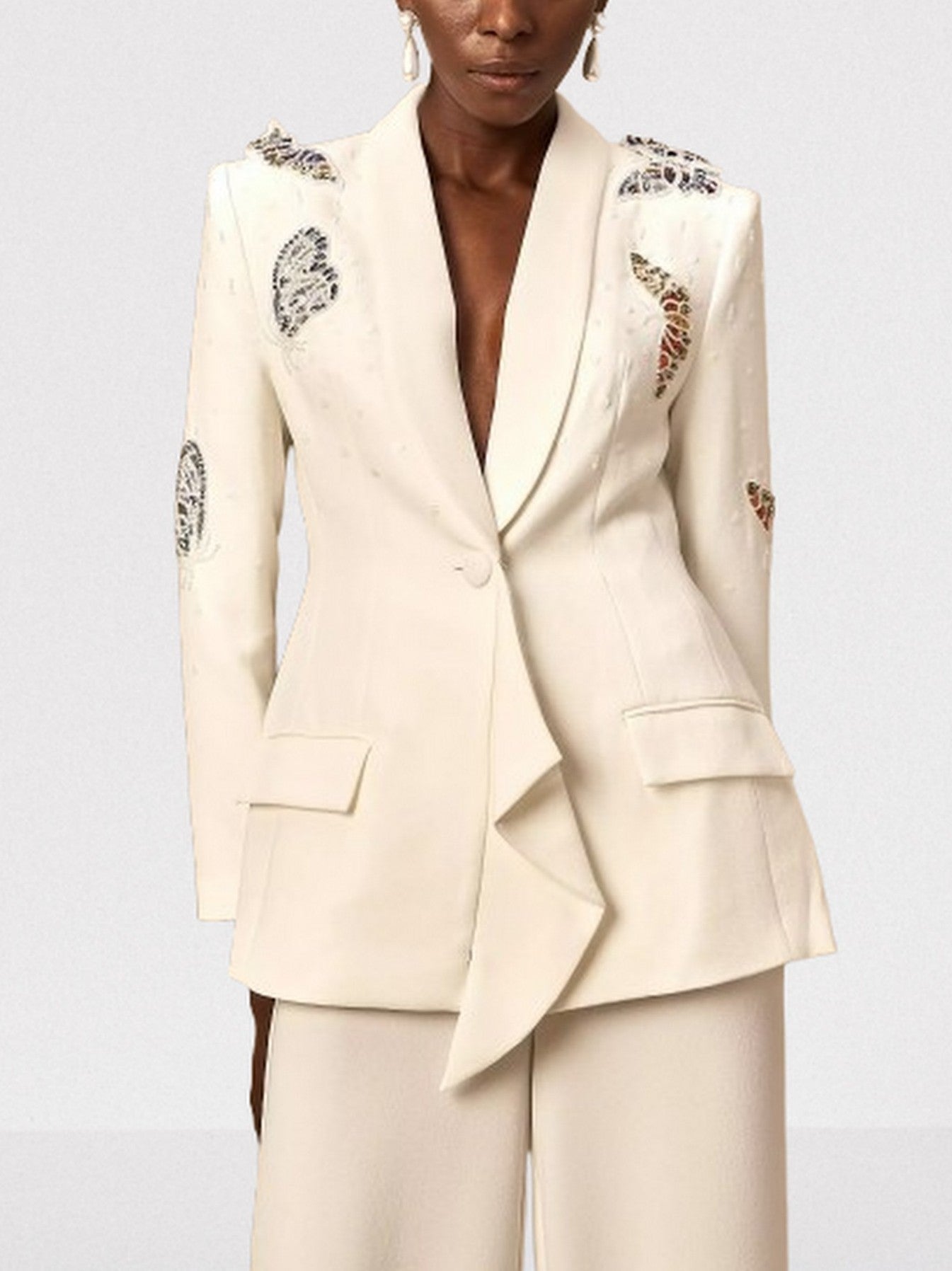 Butterfly Embroidered Blazer and Wide-Leg Pant Suit - Suits & Sets