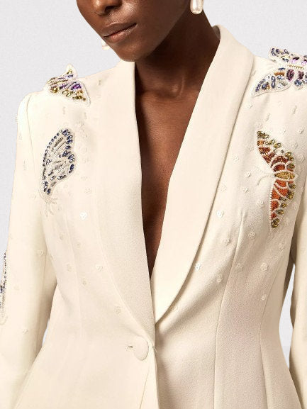 Butterfly Embroidered Blazer and Wide-Leg Pant Suit - Suits & Sets