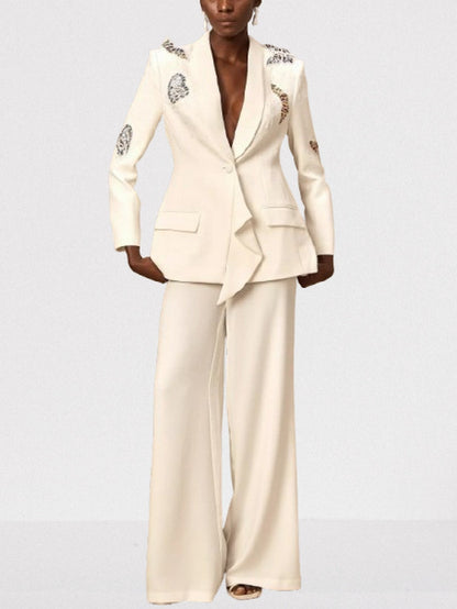 Butterfly Embroidered Blazer and Wide-Leg Pant Suit - Suits & Sets