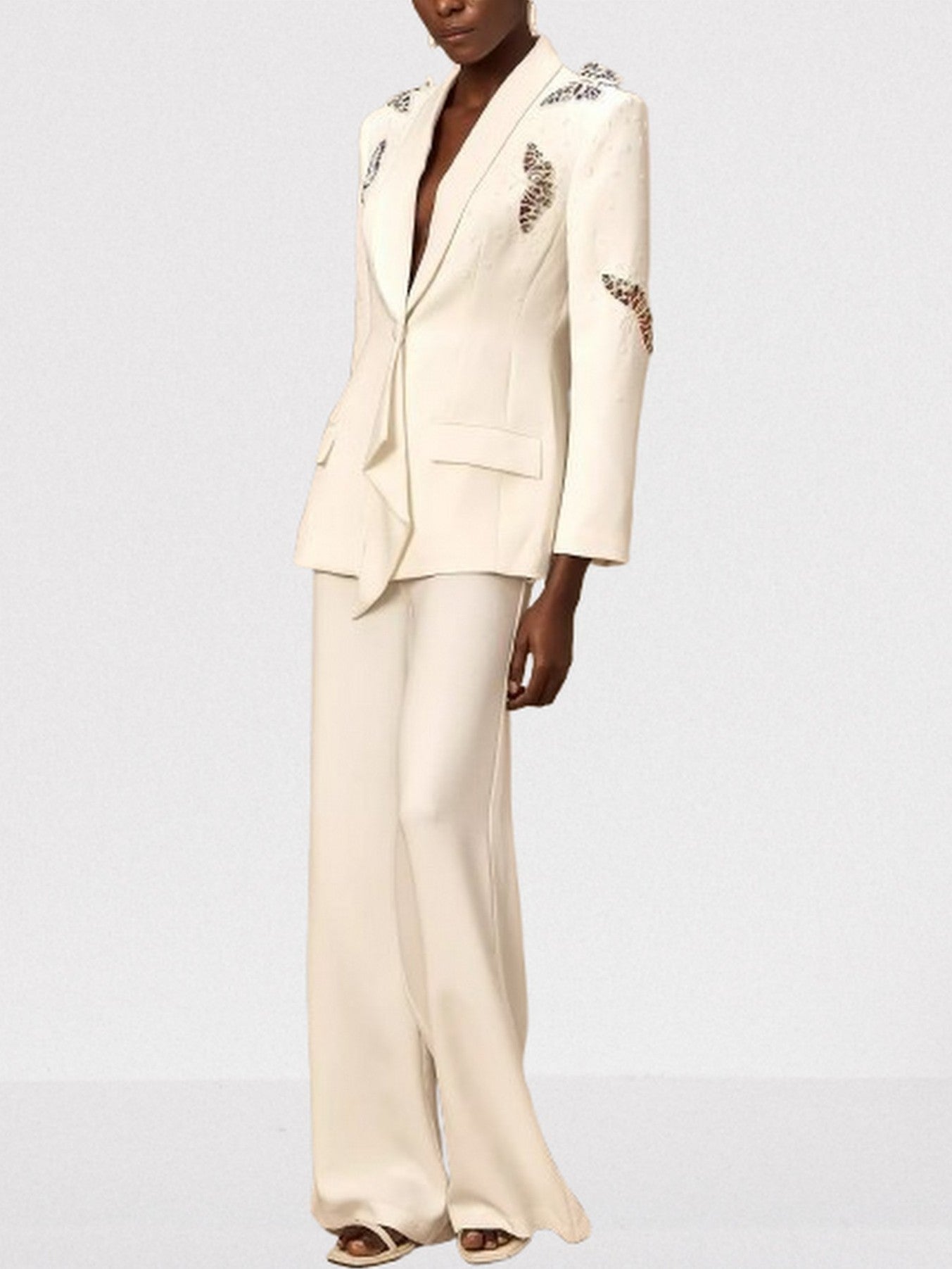 Butterfly Embroidered Blazer and Wide-Leg Pant Suit - Suits & Sets