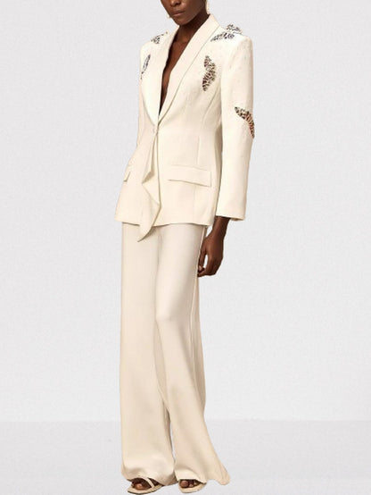 Butterfly Embroidered Blazer and Wide-Leg Pant Suit - Suits & Sets