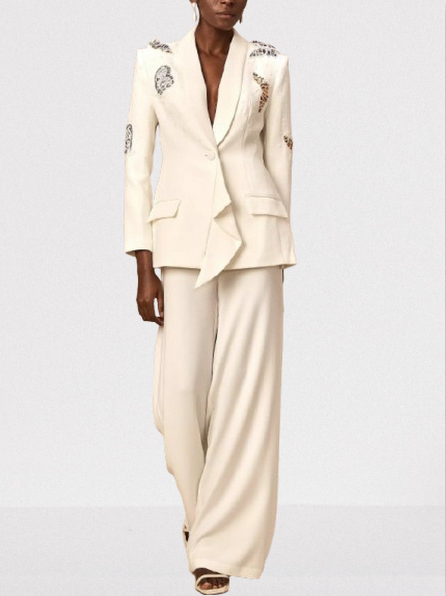Butterfly Embroidered Blazer and Wide-Leg Pant Suit - Suits & Sets