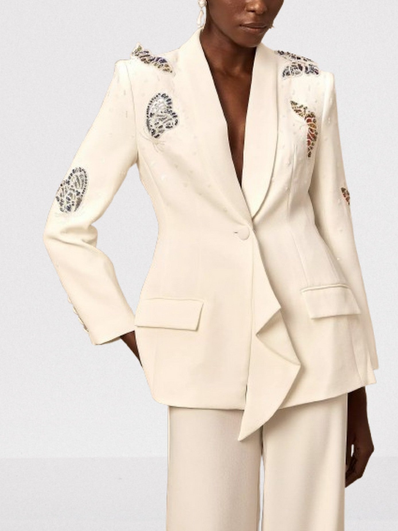 Butterfly Embroidered Blazer and Wide-Leg Pant Suit - Suits & Sets