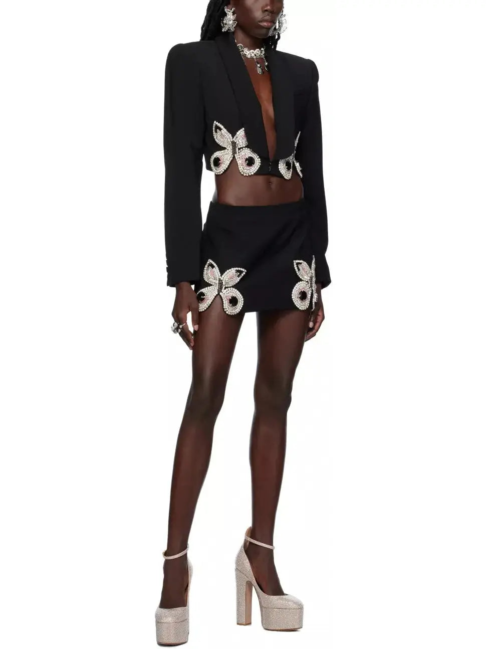 Butterfly-Embroidered Cropped Blazer and Mini Skirt Set in Black - Suits & Sets