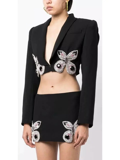 Butterfly-Embroidered Cropped Blazer and Mini Skirt Set in Black - Suits & Sets