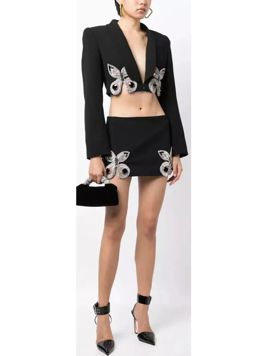 Butterfly-Embroidered Cropped Blazer and Mini Skirt Set in Black - Suits & Sets