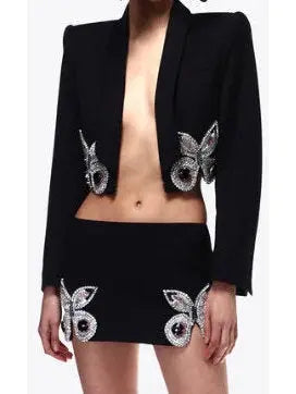 Butterfly-Embroidered Cropped Blazer and Mini Skirt Set in Black - Suits & Sets