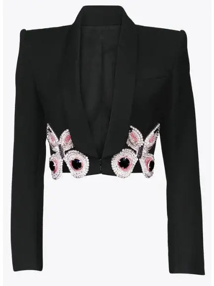 Butterfly-Embroidered Cropped Blazer and Mini Skirt Set in Black - Suits & Sets