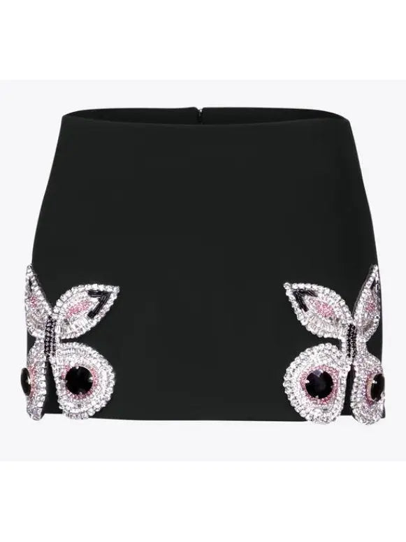 Butterfly-Embroidered Cropped Blazer and Mini Skirt Set in Black - Suits & Sets