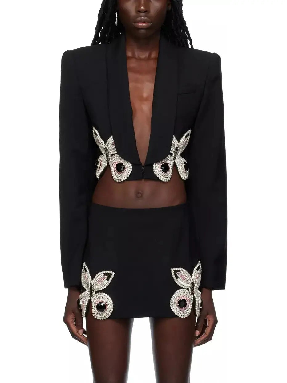 Butterfly-Embroidered Cropped Blazer and Mini Skirt Set in Black - Suits & Sets