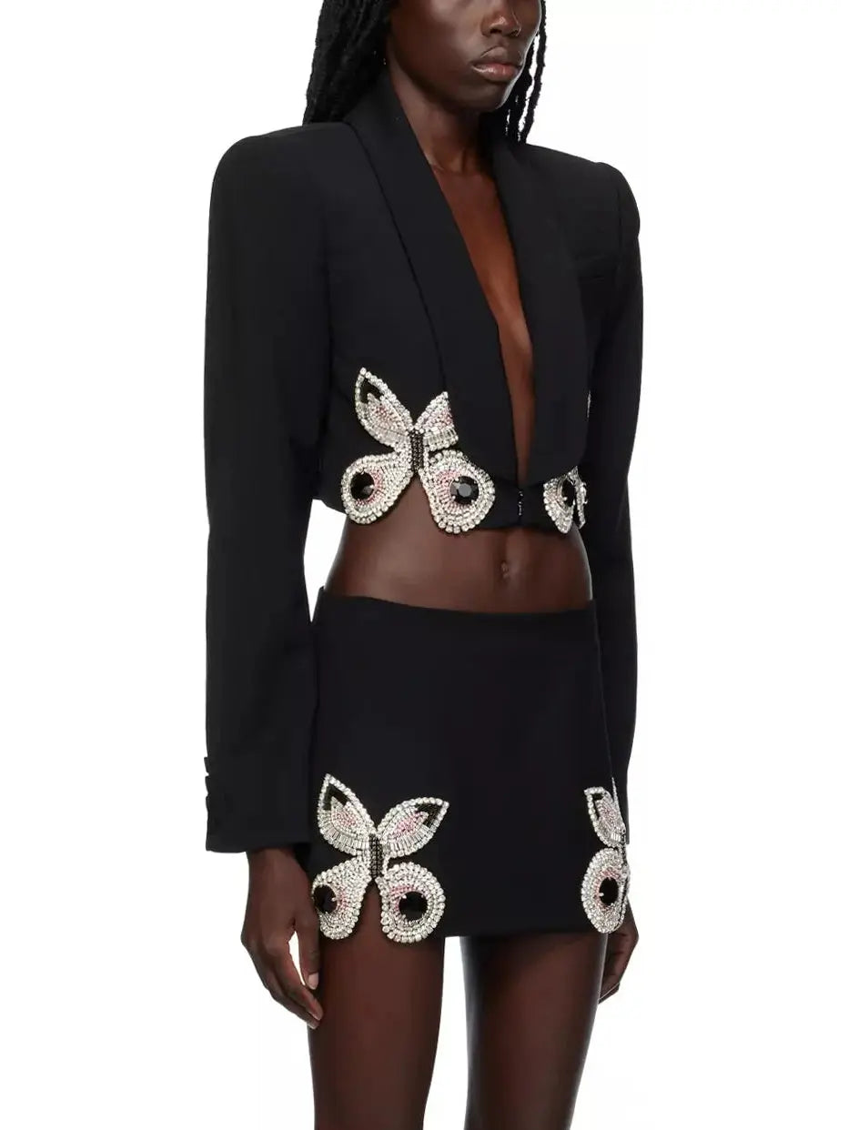 Butterfly-Embroidered Cropped Blazer and Mini Skirt Set in Black - Suits & Sets