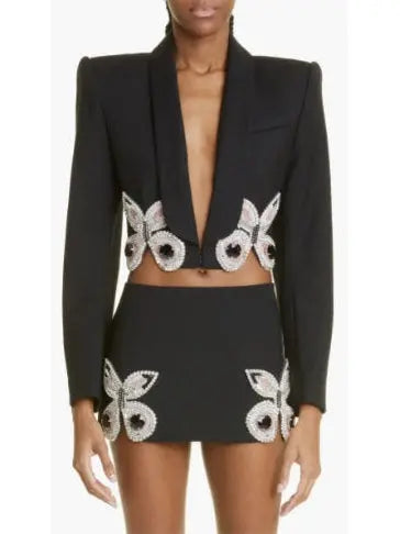 Butterfly-Embroidered Cropped Blazer and Mini Skirt Set in Black - Suits & Sets