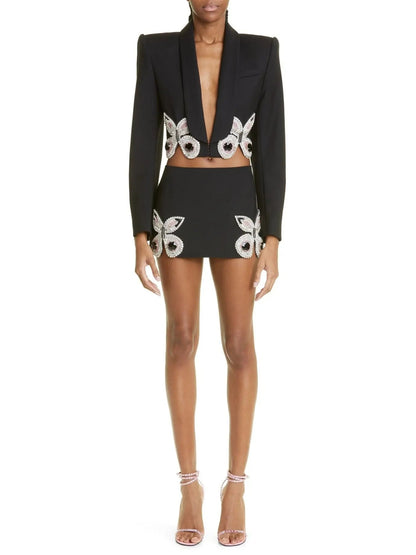 Butterfly-Embroidered Cropped Blazer and Mini Skirt Set in Black - s - Suits & Sets