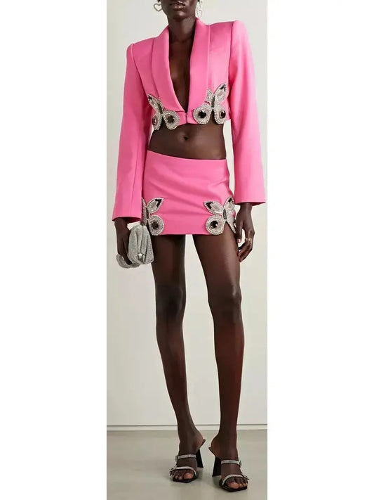 Butterfly-Embroidered Cropped Blazer and Mini Skirt Set in Pink - s - Suits & Sets