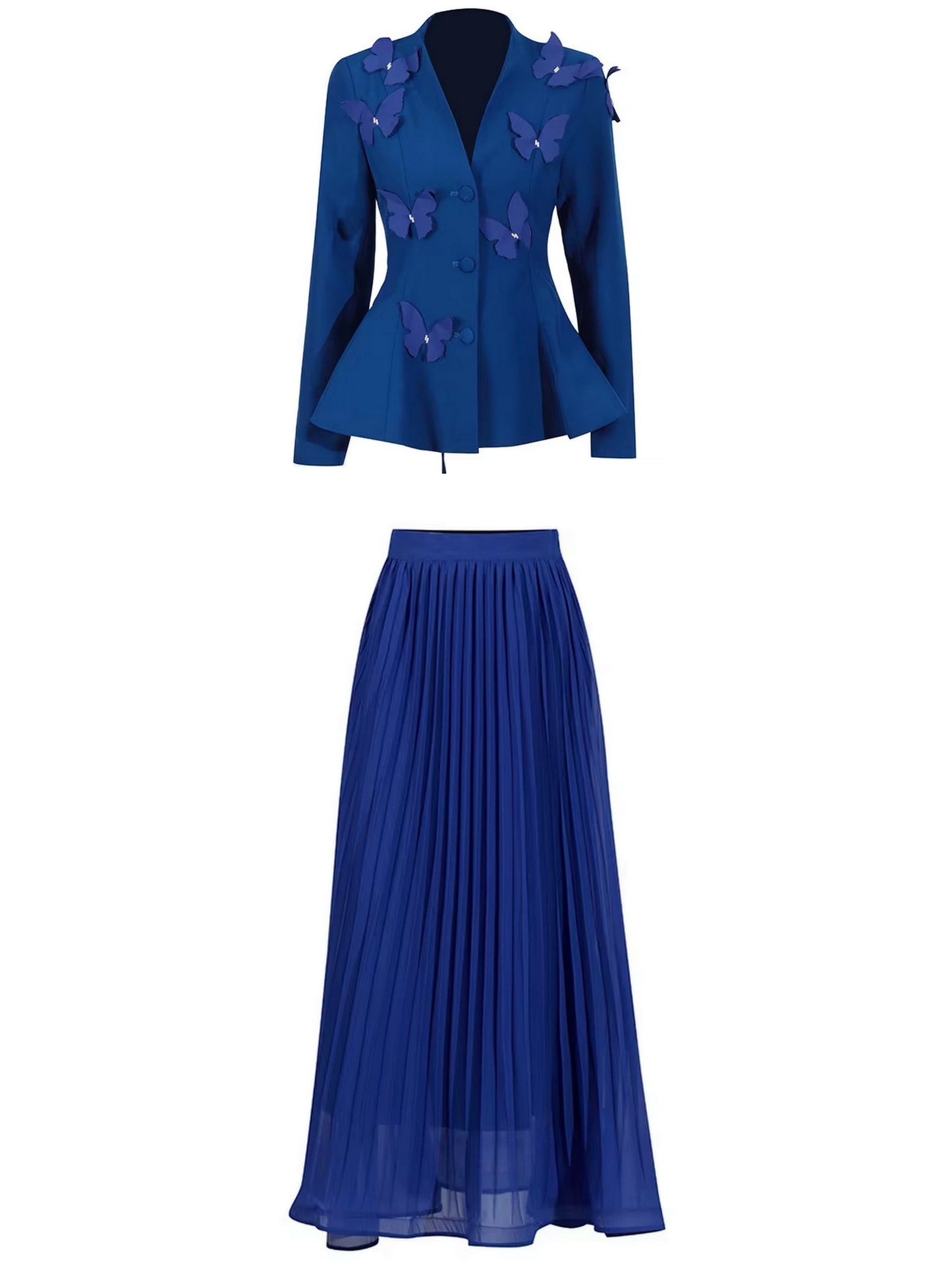 Blue butterfly-adorned blazer from Butterfly Embroidered Laced-Back Blazer and Pleated Skirt Set