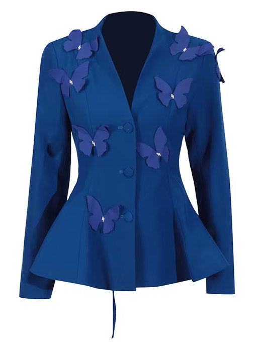 Blue butterfly-adorned blazer in a butterfly embroidered skirt set with pleated skirt