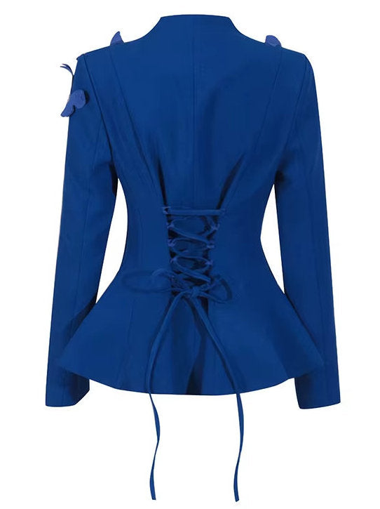 Blue fitted jacket with lace-up back in Butterfly Embroidered Laced-Back Blazer and Pleated Skirt Set