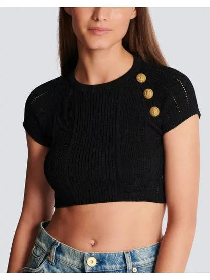 Button-Detail Black Crop Top - Tops