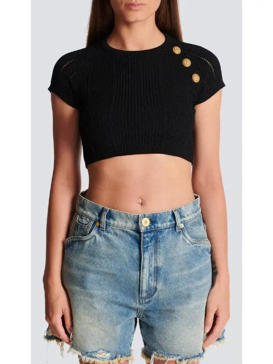 Button-Detail Black Crop Top - Tops