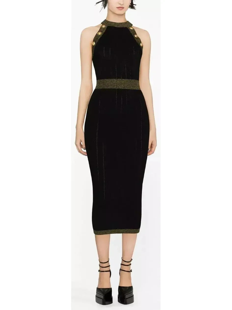 Button-Detailed Halter-Neck Knitted Midi Dress Black - Dresses