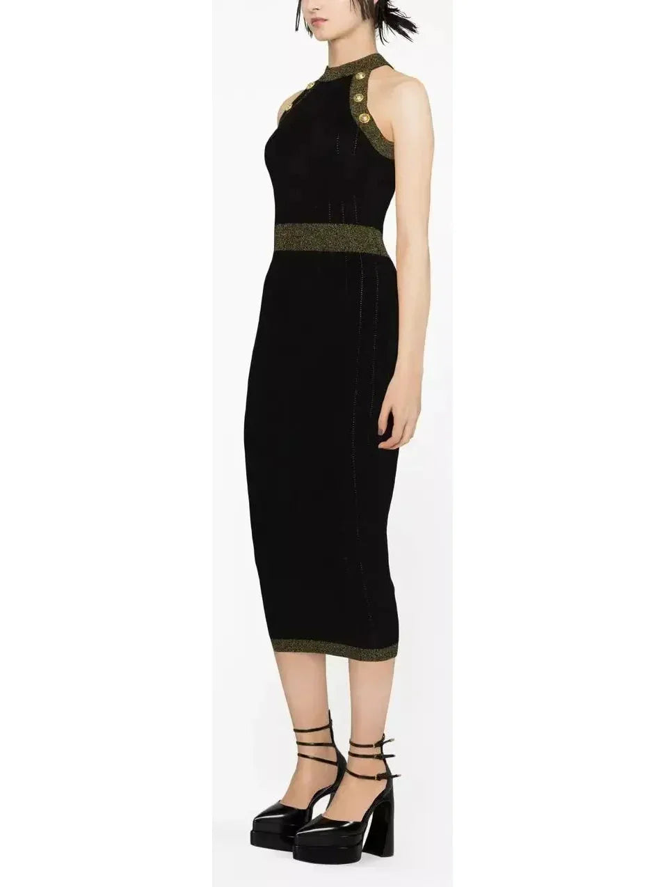 Button-Detailed Halter-Neck Knitted Midi Dress Black - Dresses