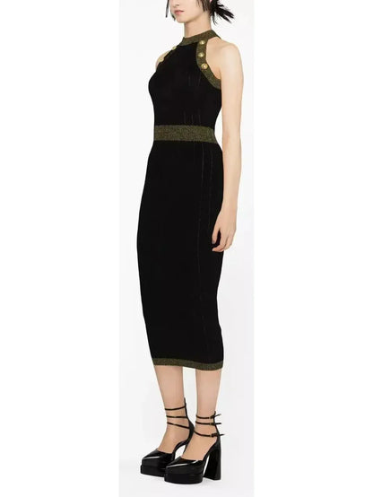 Button-Detailed Halter-Neck Knitted Midi Dress Black - Dresses