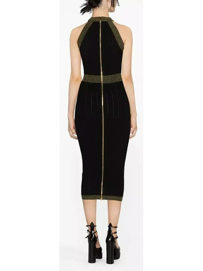 Button-Detailed Halter-Neck Knitted Midi Dress Black - Dresses