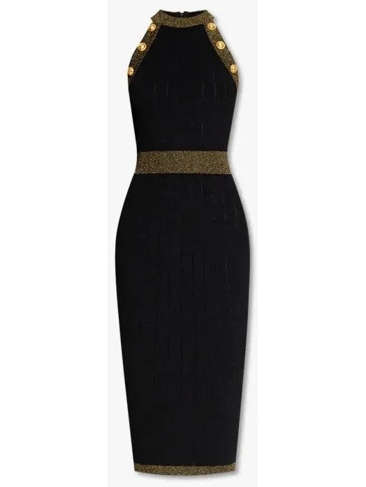 Button-Detailed Halter-Neck Knitted Midi Dress Black - Dresses