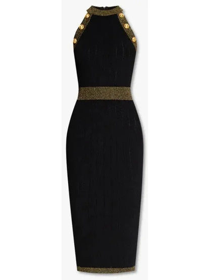Button-Detailed Halter-Neck Knitted Midi Dress Black - Dresses