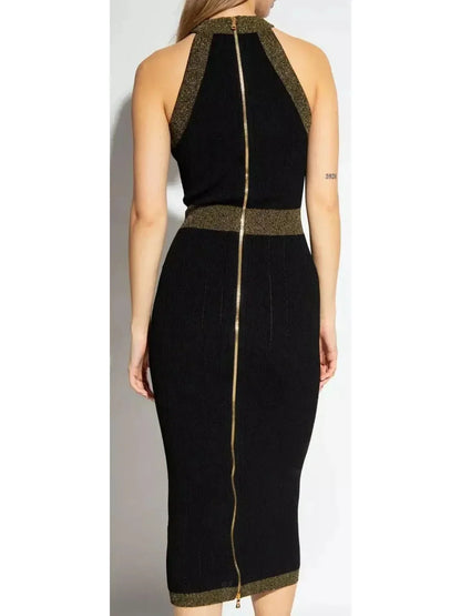 Button-Detailed Halter-Neck Knitted Midi Dress Black - Dresses