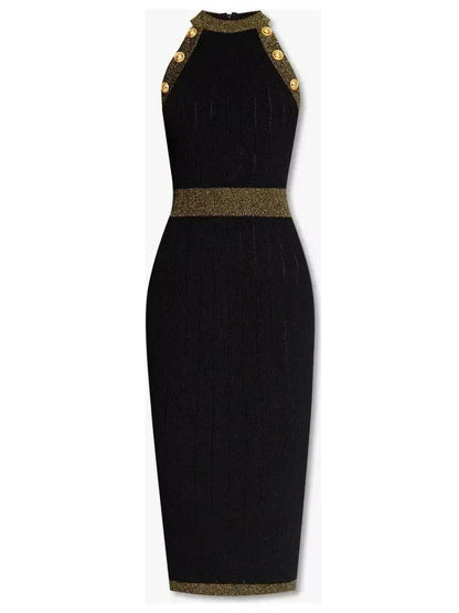 Button-Detailed Halter-Neck Knitted Midi Dress Black - Dresses