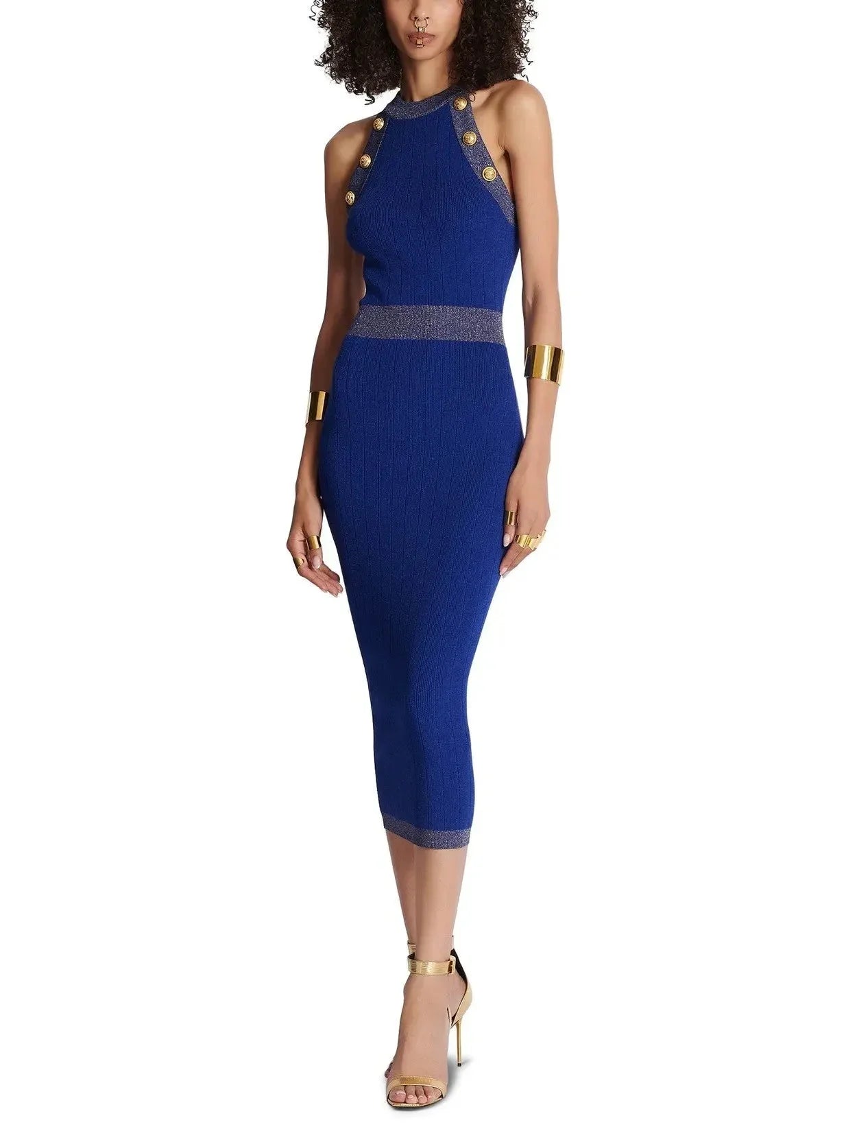 Button-Detailed Halter-Neck Knitted Midi Dress Blue - Dresses
