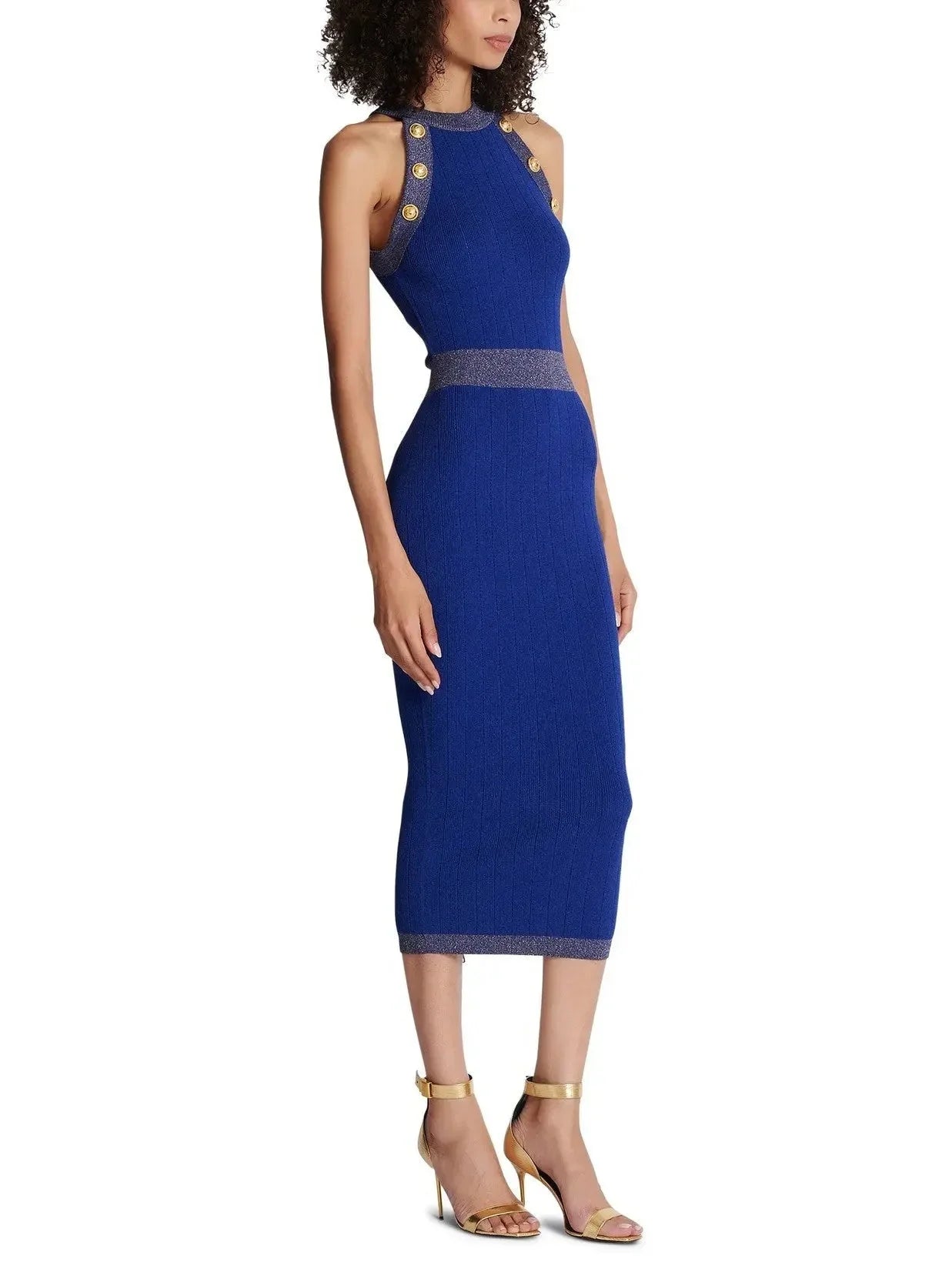 Button-Detailed Halter-Neck Knitted Midi Dress Blue - Dresses