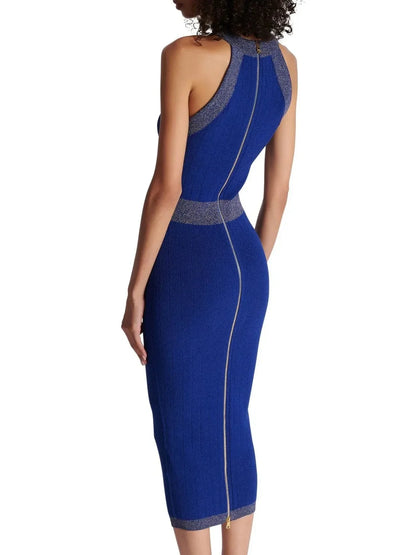 Button-Detailed Halter-Neck Knitted Midi Dress Blue - Dresses