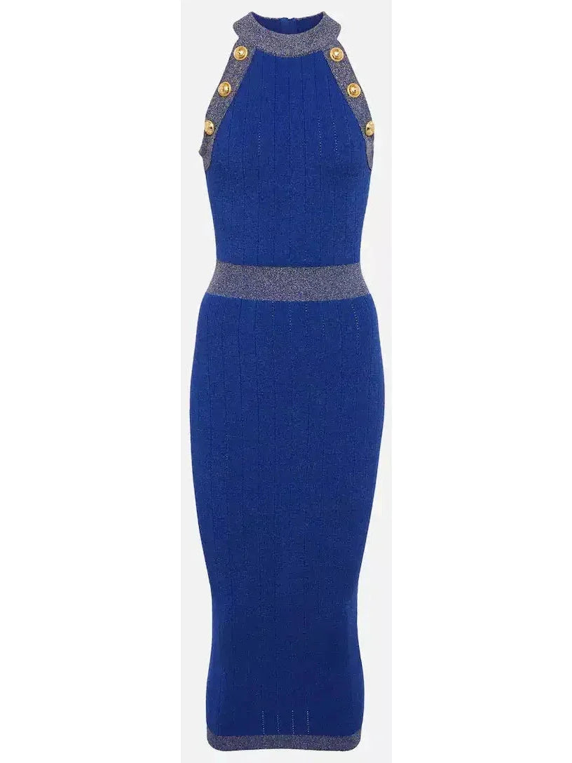 Button-Detailed Halter-Neck Knitted Midi Dress Blue - Dresses