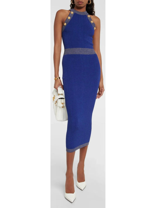 Button-Detailed Halter-Neck Knitted Midi Dress Blue - s - Dresses