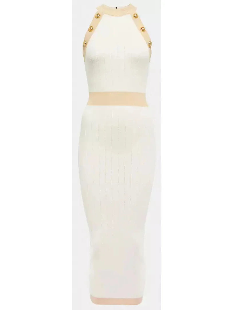 Button-Detailed Halter-Neck Knitted Midi Dress White - Dresses