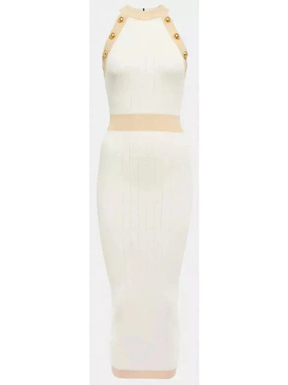 Button-Detailed Halter-Neck Knitted Midi Dress White - Dresses