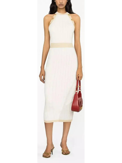 Button-Detailed Halter-Neck Knitted Midi Dress White - Dresses