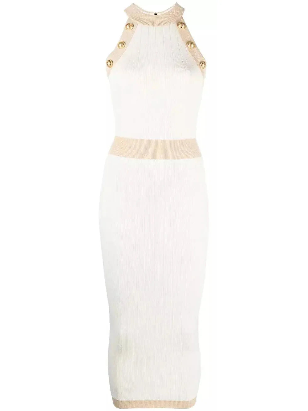 Button-Detailed Halter-Neck Knitted Midi Dress White - Dresses