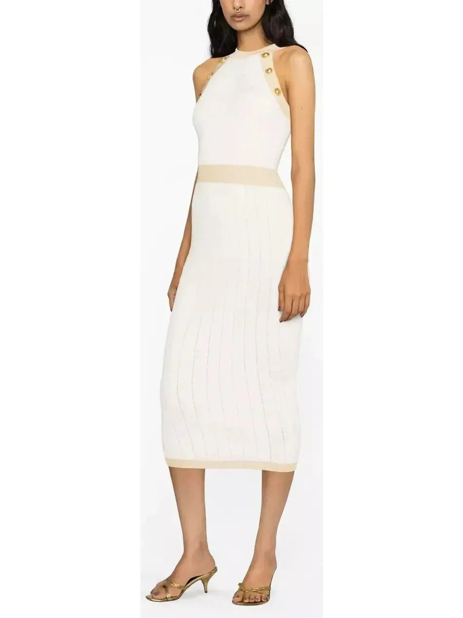 Button-Detailed Halter-Neck Knitted Midi Dress White - Dresses